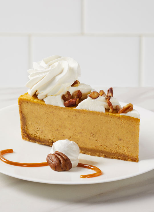 An image of a slice of pumpkin cheesecake
