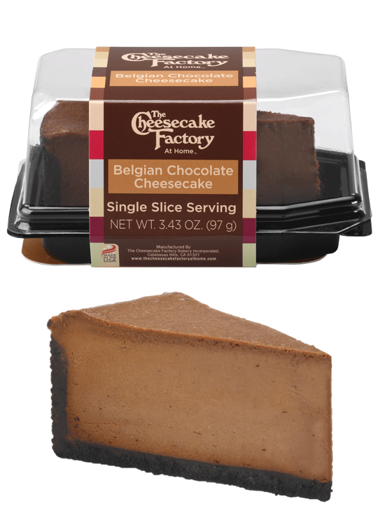 Image of Belgian Chocolate Cheesecake Single Slice In & Out of Packaging